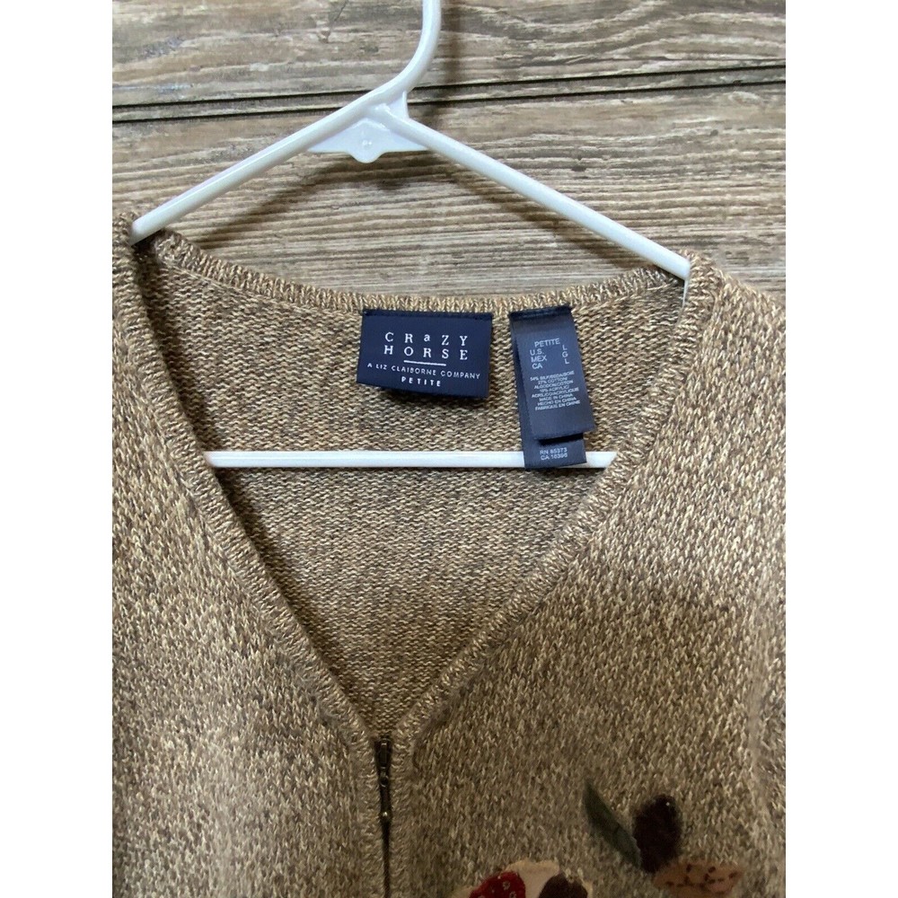 Crazy Horse Liz Claiborne Fall Sweater Cardigan w/ Applique Flowers Zip Petite L - Picture 3 of 6